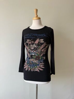 Ed Hardy Skull Graphic Long Sleeve Y2K Black Tee Size M